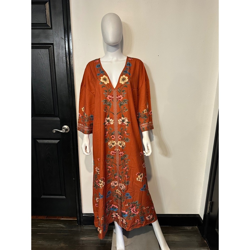 Boho Floral Rust Orange Maxi Caftan Dress V-Neck Wide Sleeve XL‎